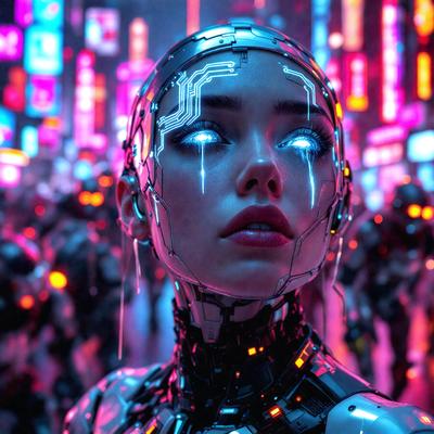The primary subject of the image is a woman with a futuristic, cyberpunk appearance. She is wearing a silver, metallic outfit and has glowing blue eyes. The setting is a cityscape with a neon-lit environment, which adds to the overall atmosphere of the image. The visual style is a combination of photo and digital art, creating a unique and captivating scene. The colors and mood of the image are predominantly blue and pink, giving it a vibrant